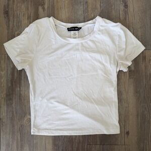 Perfectly Imperfect Cropped T Shirt Womens Large White Stretch Ribbed Casual Top